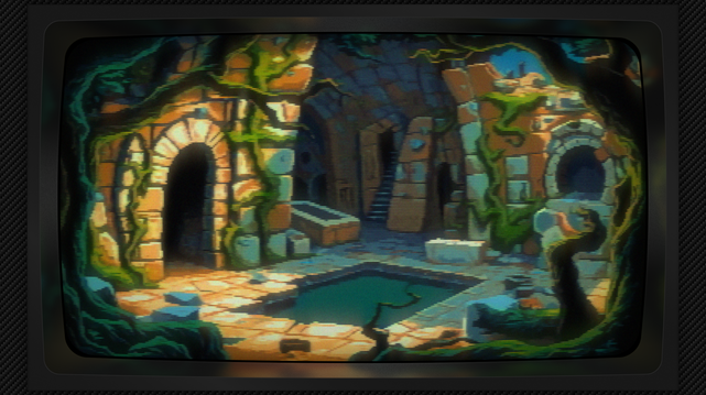 Pixel art of a forgotten heart, a chamber carved from the earth’s slow exhale, where stone breathes with the patient pulse of ages. A pool of jade stillness lies cradled within, a liquid mirror reflecting fractured skies and the weight of vanished grandeur. Flagstones, like scattered teeth, rim its edge, leading to platforms that rise as if sculpted by the grasping fingers of roots. Walls, a tapestry of tan and brown, wear the scars of time, their mortar lines spiderwebbing with the stories they’s held. Arches yawn open, framing glimpses of further labyrinths, a honeycomb of lost pathways. Vines, emerald serpents, embrace the stone, a living shroud woven over the architecture’s bones. A basin, a moss-kissed chalice, sits poised above, accessed by a staircase crumbling like forgotten promises. A single clay pot, a lonely sentinel, perches near the water’s edge, a silent witness to the slow reclamation, the architecture dissolving. The image has a CRT filter applied.