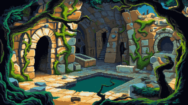 Pixel art of a forgotten heart, a chamber carved from the earth’s slow exhale, where stone breathes with the patient pulse of ages. A pool of jade stillness lies cradled within, a liquid mirror reflecting fractured skies and the weight of vanished grandeur. Flagstones, like scattered teeth, rim its edge, leading to platforms that rise as if sculpted by the grasping fingers of roots. Walls, a tapestry of tan and brown, wear the scars of time, their mortar lines spiderwebbing with the stories they’s held. Arches yawn open, framing glimpses of further labyrinths, a honeycomb of lost pathways. Vines, emerald serpents, embrace the stone, a living shroud woven over the architecture’s bones. A basin, a moss-kissed chalice, sits poised above, accessed by a staircase crumbling like forgotten promises. A single clay pot, a lonely sentinel, perches near the water’s edge, a silent witness to the slow reclamation, the architecture dissolving.