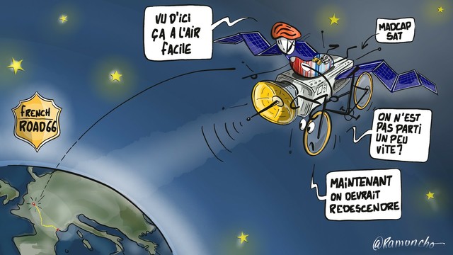 Un dessin avec en haut à gauche une cycliste chevauchant un satellite et pointant du doigt la Terre de la main droite. De la main gauche, elle tient un vélo.
En bas sur la gauche, une partie du globe terrestre, une trace de parcours sillonne la France. Une étiquette mentionne le nom d'un événement cycliste, French Road 66. 
La cycliste : ”Vu d'ici ça a l'air facile.”
Le vélo, plus inquiet, voudrait redescendre.