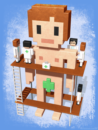 Illustration in a minimalistic voxel style, showing a huge human figure being examined and treated by several medical doctors, standing on a scaffold built around him.