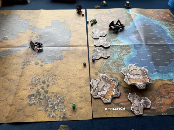Battletech record sheet with a few mechs fallen on their face and rubble tokens to show the devastation of the nuclear explosion.