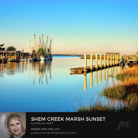 Shem Creek marsh sunset with autumn colors Charleston South Carolina coastal landscape water reflections boats. From the Fine Art Gallery of Shelia Hunt.