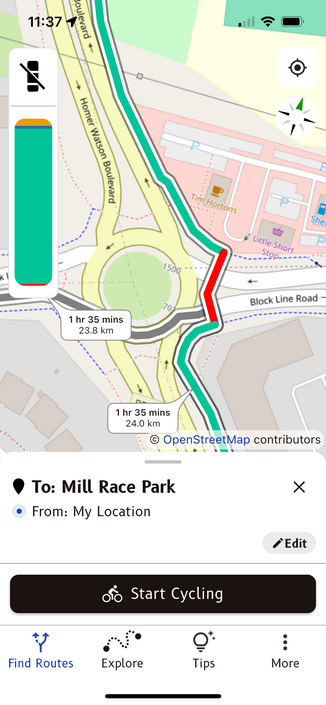 A screenshot of a map in an urban area. There’s a green and red route trace overpaid on the map, and it’s labeled with time and distance. The route trace goes through a roundabout.