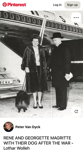 Black and white photograph of “Rene and Georgette Magritte with their dog after the war.” The couple are wearing winter coats and standing in front of a commercial airplane at an airport. Their dog is with them on a leash.