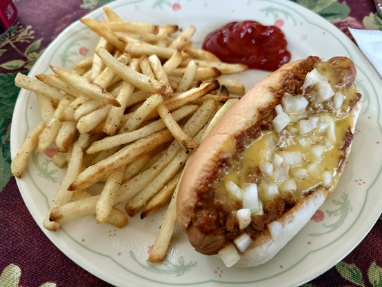 A plate featuring a chili cheese hot dog topped with diced onions, alongside a generous serving of golden French fries and a dollop of ketchup.
