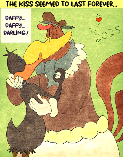 Daffy Duck and Foghorn Leghorn kissing. (Looney Tunes)