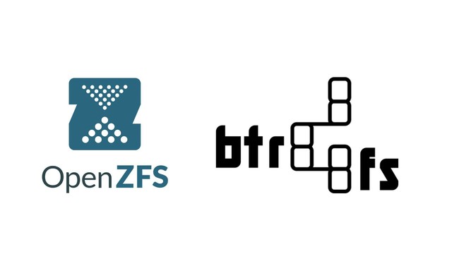 The OpenZFS logo and the Btrfs logo on a white background.