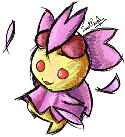 Chihiro the Cherrim, with three cherry blossom petals floating about.