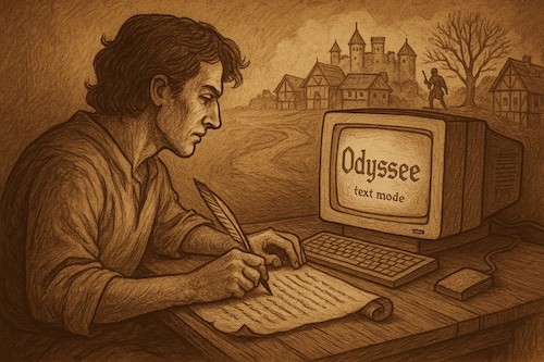Un homme aux cheveux bouclés écrit à la main devant un ordinateur vintage affichant "Odyssée text mode". L'illustration de style sépia montre un paysage avec château et arbres en arrière-plan, évoquant l'alliance entre écriture traditionnelle et technologie rétro.