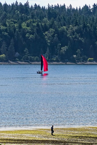 A sailboat with a red foresail and black mainsail with a man walking on the shore in the foreground