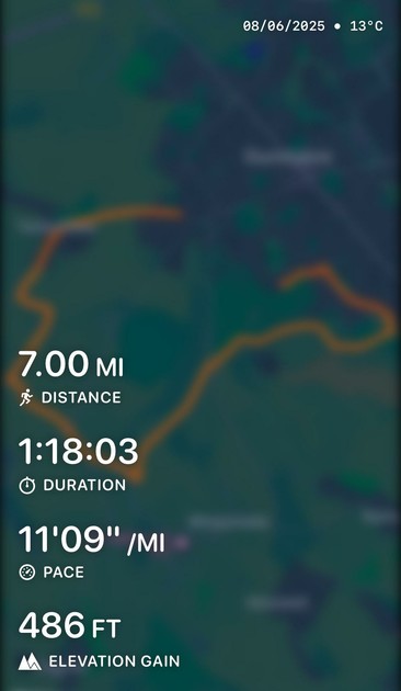 08/06/2025 • 13°C
7.00 MI
DISTANCE
1:18:03
O DURATION
11'09"/MI
PACE
486 FT
A4 ELEVATION GAIN