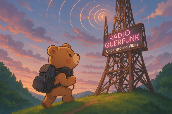 Ein Bär im Anime-Stil, der einen sanften Hügel mit schönem bunten Morgenhimmel im Hintergrund hinaufläuft, in Richtung eines Funkturms mit der Aufschrift „RADIO QUERFUNK - Underground Vibes“. Der Bär trägt DJ-Kopfhörer um den Hals und hat einen Rucksack mit Laptop herausschauend auf dem Rücken.