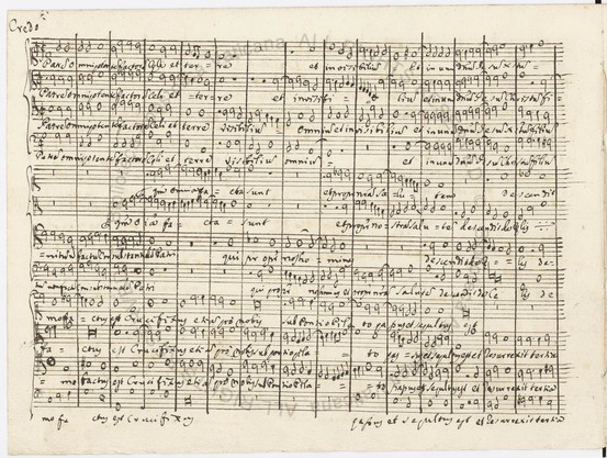 a page of music from f.1v of Capp.Sist.247.  The word "Credo" is written at the top left of the page, the rest of which is covered by staves of music with lyrics below