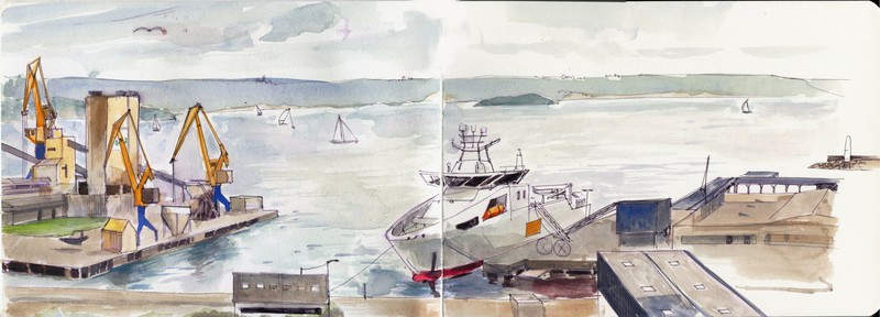 watercolor painting of an industrial port with yellow and blue cranes, and a cable-laying ship.