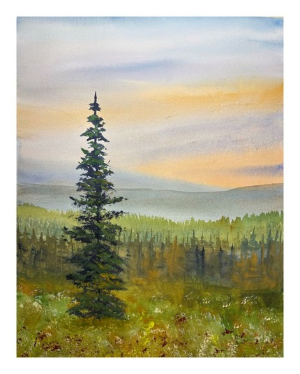 Painting of a mountain meadow at sunset, with a large spruce tree in the foreground.