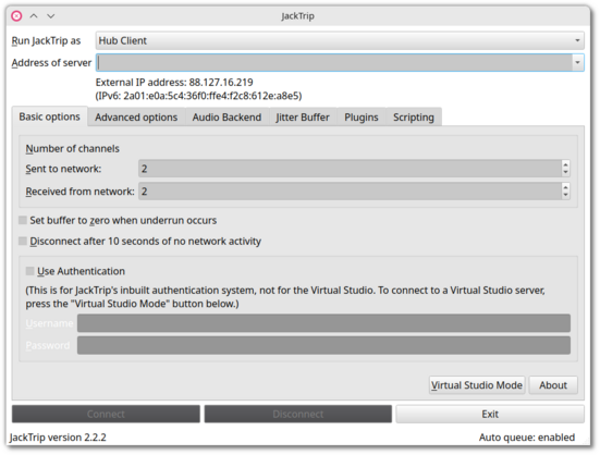 🕶️ A view of its UI (quite vertical, in version 2.2.2 on my Linux PC) with at the top the address of the connection server, the IP address of the user (hidden), then underneath, several tabs (Basic options, Advanced options", "Jitter Buffer", Plugins", ...), the selected tab is "Basic options" where the user selects the number of receiving and sending channels, and at the very bottom, the "Connect", "Disconnect" and "Exit" buttons.

📚️ JackTrip is a libre & multi-platform tool for streaming high-quality, uncompressed, bi-directional audio between devices over the Internet on an unlimited number of channels. It uses the Jack audio server.