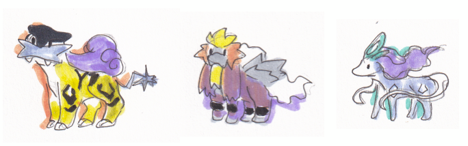 Tiny Raikou, Entei, and Suicune lined up in a row