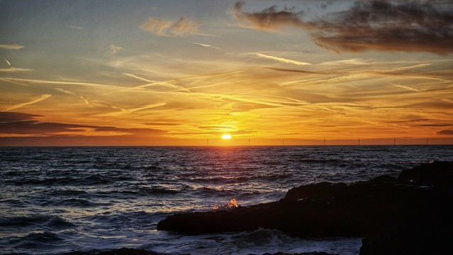 A vibrant sunrise over the ocean, with the sun just cresting the horizon in a brilliant orange glow. The sky is streaked with golden and orange clouds, and numerous white contrails crisscross the expanse. The dark blue sea shows gentle waves, and a rocky silhouette of land is visible in the foreground on the right. In the distance, a line of wind turbines is faintly visible against the bright horizon.