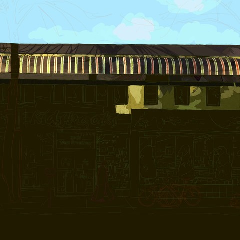 There are shadows of tree branches on the roof and on the striped awning. The building is painted either a lemon yellow or a lime green In the late afternoon light of a mid winter's day, it's hard to tell which. And then there's massive amounts of just outlines yet to be coloured.