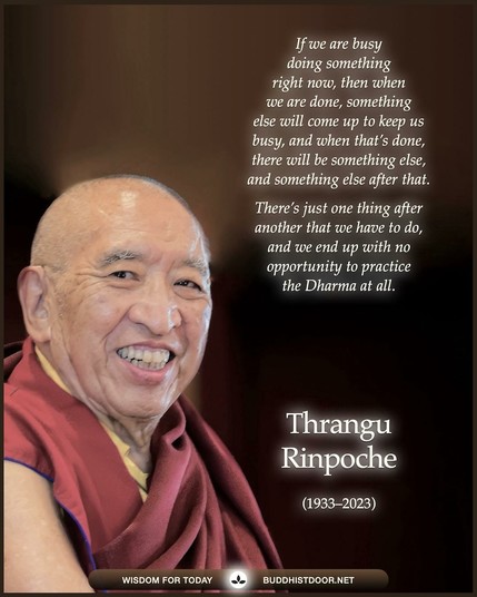 Buddhistdoor Quote for Today: 

If we are busy doing something right now, then when we are done, something else will come up to keep us busy, and when that’s done, there will be something else, and something else after that. There’s just one thing after another that we have to do, and we end up with no opportunity to practice the Dharma at all. — Thrangu Rinpoche (1933–2023)

🔗 Explore more at BDG: buddhistdoor.net