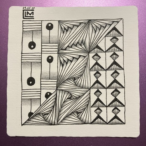 Finished tile with black ink patterns and graphite shading