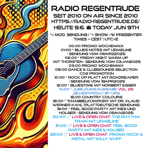 🇩🇪 Plakat mit den heutigen Radiosendungen. Bild (ohne Text): Pixabay, kein Bildquellennachweis erforderlich.

🇬🇧 Poster with details of today's radio shows. Image (without text): Pixabay, no image creds needed.