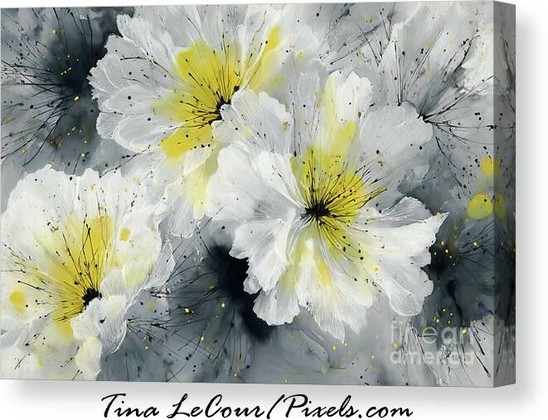 This is an abstract canvas of some big white and yellow peony flowers.