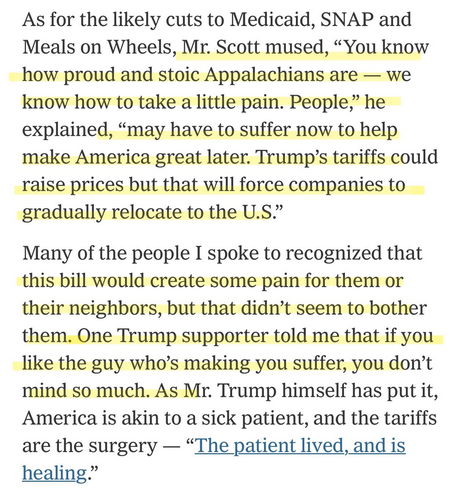 A highlighted excerpt discussing political views on Medicaid and tariffs, mentioning the resilience of Appalachians and the potential economic impact of proposed policies.