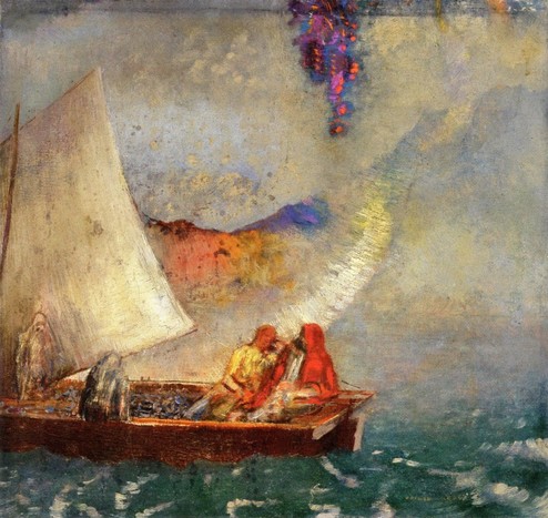 in a loose impressionistic style is a small sailboat on maybe choppy waters on a foggy sea, the fog is distorting a strangely colored hill or cliff in the distance and through a break in the fog we see some strange colors in the sky.  Sunlight seems to be interacting with the fog to make a sort of shining ring in the air.  In the boat are 4 figures, two relaxing together in the back, one sitting on the edge, one near the sail