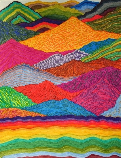 this image has the form of a shoreline with mountains rising away and a body of water in the fore, but the colors and forms of the water and progressively taller mountains is abstract, varied, and colorful.  the water is made of wavy bands of bright color while the mountains have various waves and lines and textures in a multitude of vivid colors.