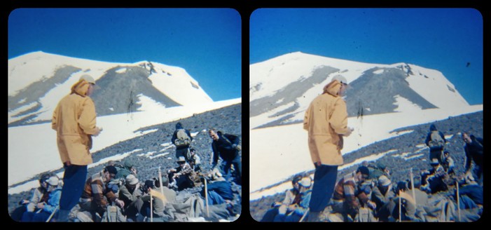 Sunny day on a snow-covered mountain. Someone in a yellow jacket, with his back to the camera. He seems to be addressing a group of climbers in the middle distance. There's a Sermon on the Mount vibe.