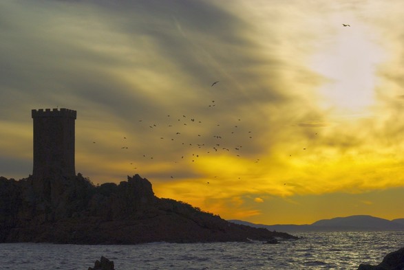 Sur la gauche de la photo, un petit îlot composé de roches rougeâtres et surmonté d’une tour carrée, entouré par la mer ridée de petites vagues argentées. Le ciel est couvert par une épaisse couche de nuages traversés par le soleil de fin d’après midi, qui leur donne une teinte jaune. Une nuée de goélands vole au dessus de l’île. On voit une petite chaine de collines à l’horizon.