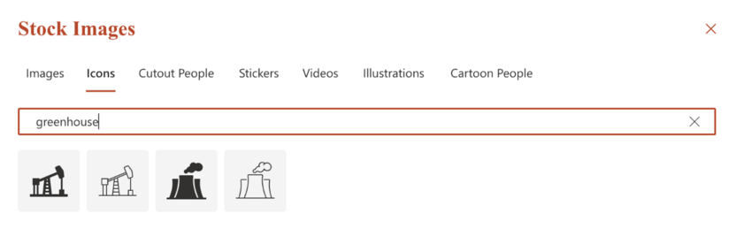Powerpoint icon search window with search term "greenhouse" and four icons on offer. Two are of oil derricks and two are of powerstation cooling towers.