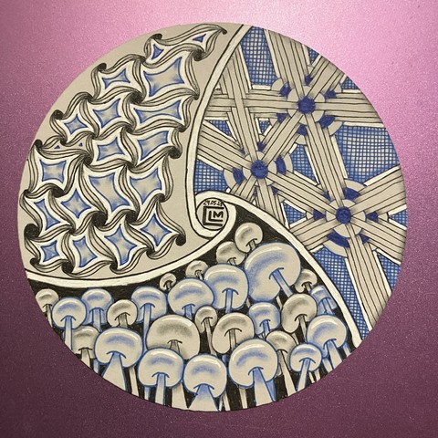 Finished tile with black, blue and white ink patterns and graphite shading