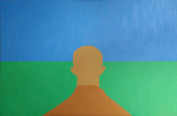 Photo of an oilpainting with a blue sky and green beneath with a man in the middle.
