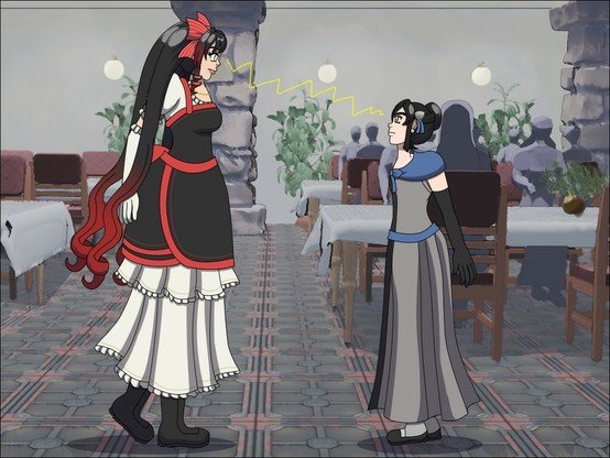 An illustration of Multiplicia (MULTICS) and Juna (Research UNIX). They are drawn in a side view facing each other in a stand-off. The background is 3D rendered and is of a hotel restaurant area. The two characters both have black hair and gold eyes, but Multiplicia is much taller than Juna had has a red gradient in her hair with four ponytails that are curled at the ends and wears a more elaborate outfit with an apron over it. Her gown is beige with lace trim and has a black apron with multiple layers of red trim on it, and she wears a chain necklace and she wears a large bow in her hair. Juna has her hair in a simple bun, and is wearing a simple gray gown with black trim, black dress shoes, long gloves and a slate blue shawl.