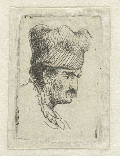Man in a square cap, in profile right