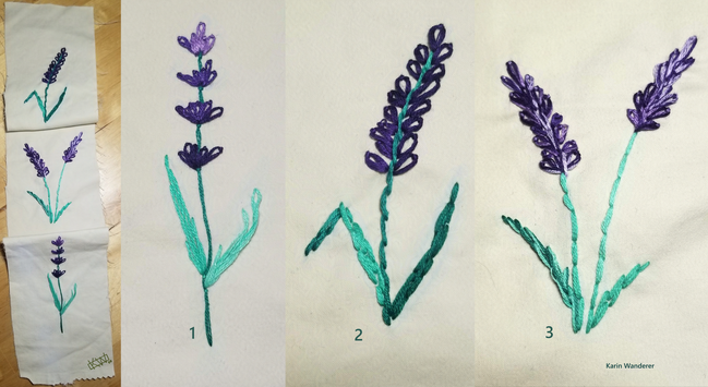 Photo of 3 numbered embroidered sprigs of lavender in 3 styles.
1. The lavender is long & spindly with 4 separate clusters of flowers.
2. The lavender is one long bunch of flowers, with a visible stem & dark leaves.
3. The 2 lavender sprigs have lush flowers which hide the stem & light colored leaves.