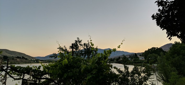 A photo looking west 59 seconds after sunset on June 9, 2025. The sun has disappeared behind a hill to the left of the view an hour previously. There is a grape vine reaching into the sky in the middle of the photo that is obscuring part of a distant mountain. There is a reservoir of water behind the grapevine.
