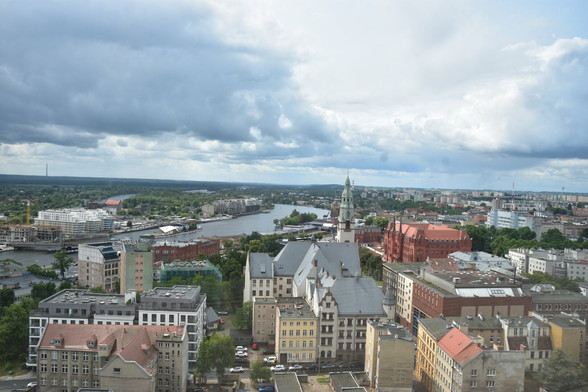 Top view of Szczecin from the top of the cathedral with view of the Oder river (looking south)