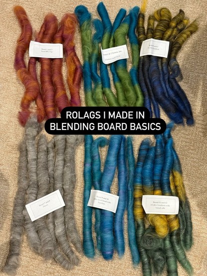 Photo of 6 different kinds of rolags bad in blending board class. Top left, red and orange. Top middle, stripes of blue and green. Top right, gradient is yellow to blue on black base. Bottom left, rolag from locks. Bottom middle, blue and purple with bamboo. Bottom right, blue yellow and green with silk