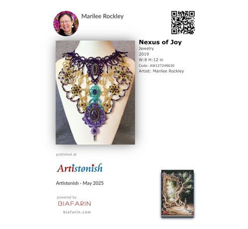 A larger image of my original necklace made using tatting and beading at upper left, and a small image of the magazine cover at lower right.
