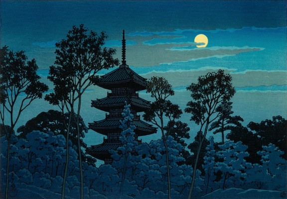 A bright full moon rises over the five-story pagoda at Ikegami Honmonji, in Tokyo. In the foreground, tall trees crowd around the base of the pagoda; above, tattered clouds cross the face of the yellow moon.