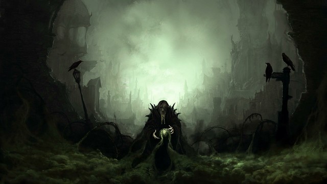 fantasy art, dark, digital art, wizard, raven, ruins, mist, old people, beard, bricks, necromancers, creepy, dark fantasy, artwork, witch