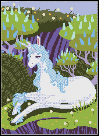 A unicorn sits on a grassy hill with dandelions and lilac trees around her.