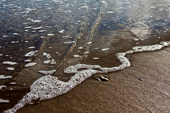 A narrow foam edge of a wave at sea that runs out over the wet sand, winding, diagonal, from bottom left to top right. Top left is water with here and there some foam, colored brown, bottom right the dark, brown, wet sand.