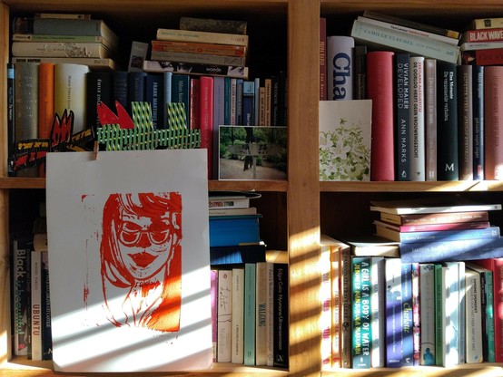 boekenkast met een lino print van Isabel Coixet in rood.