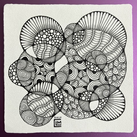Finished tile with black ink patterns and graphite shading