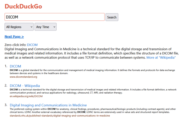 A minimalistic search results page showing a search box at the top (showing a search for the term DICOM) and simply formatted results. Very little page layout or visual elements.