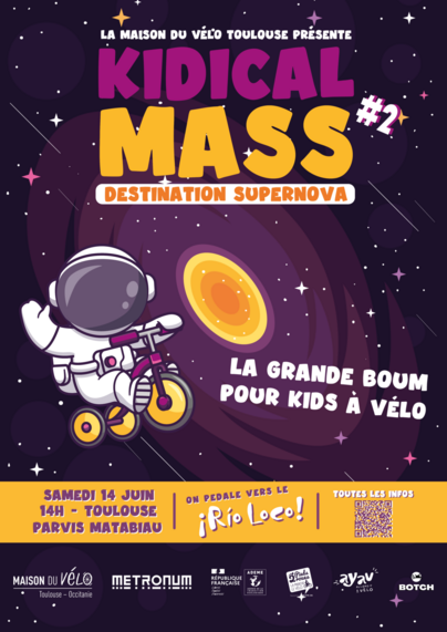 Comic style poster of the Kidical Mass "Destination Supernova" during the Rio Loco festival. The background shows a purple night sky with a yellowish galaxy. A little astronaut waves from a kid's tricycle. The start is announced as 14h on June, 14th at the Parvis Matabiau.